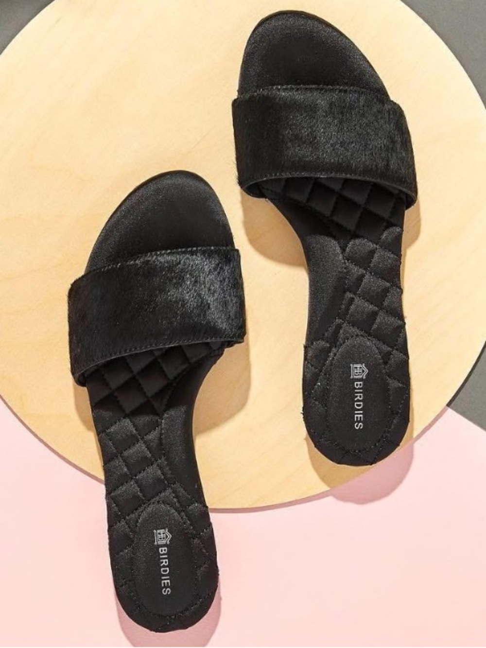 Birdies Sparrow Pony Hair Black Cushioned Quilted Slide Flat Sandal